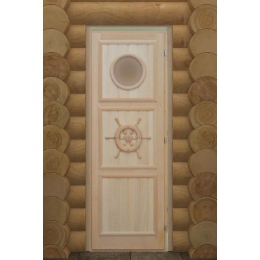 Деревянная дверь 185\75 для бани с иллюминатором Штурвал
