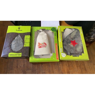 Подарочный набор для бани (шапка, коврик, рукавица) из белого войлока