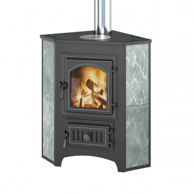    	 Печь-Камин ВЕЗУВИЙ ПК-01 (220) угловой талькохлорит с конфоркой 9 кВт (150 м3) Ø 115мм